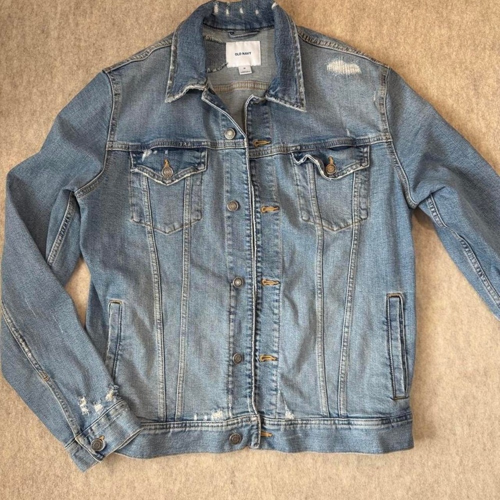 Old Navy Mens Medium Distressed Denim Trucker Jacket Medium Wash Blue